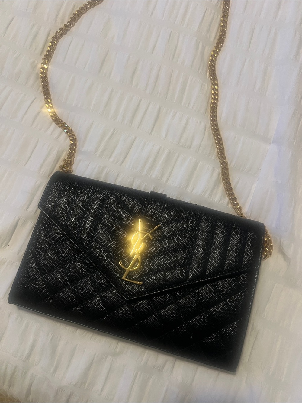 Saint Laurent Black Quilted Envelope Crossbody with Gold Chain